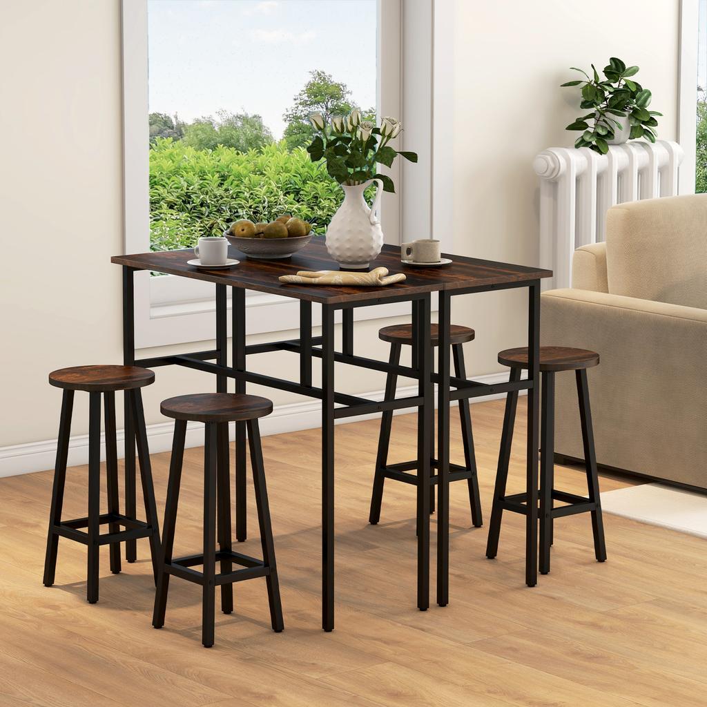 6-Piece Industrial Bar Table Set, 2 Breakfast Tables with 4 Stools Brown