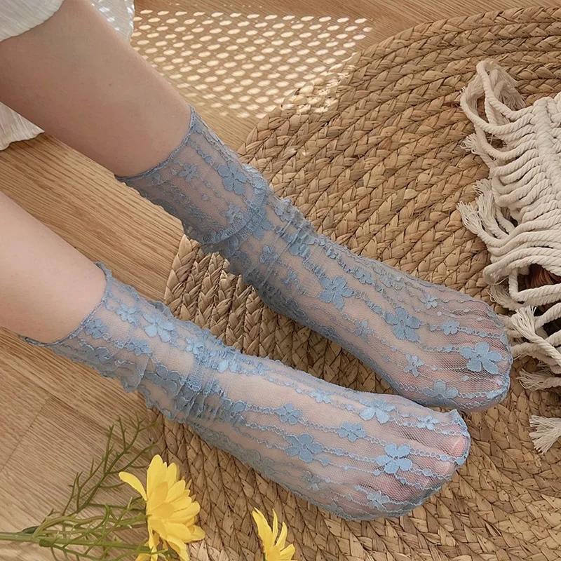Женские носки Harajuku Ladies Breathable Transparent Floral Ladies Flower Ladies Sweet Mesh Fishnet Socks Soft Funny Socks Hosiery