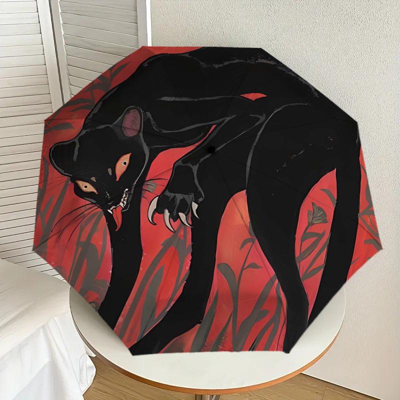 1pc Black Panther with Red Background Umbrella with Plastic Handle,Suitable for All Seasons Home Travel Outdoor UmbrellaDD117
