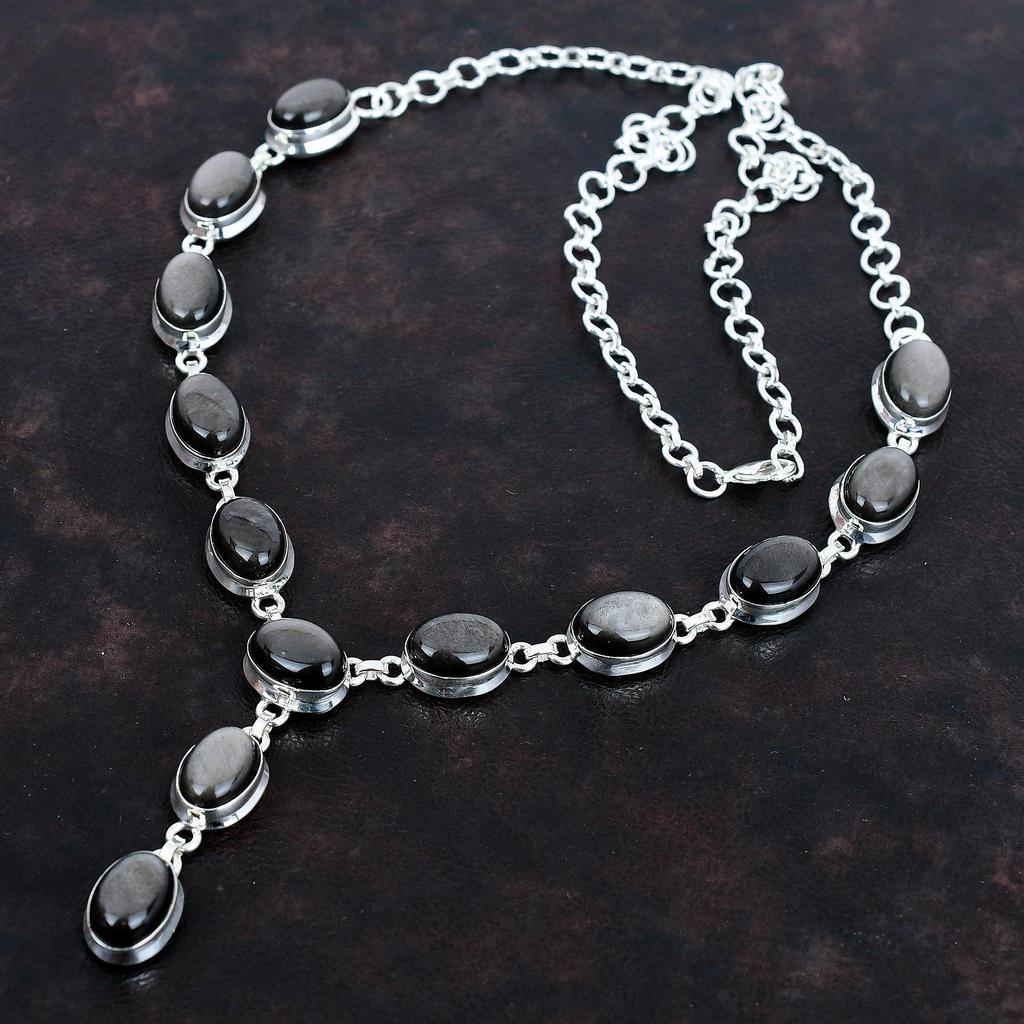 Silver Sheen Obsidian Necklace 925 Sterling Silver Necklace Adjustable Chain Necklace Handmade Gemstone Necklace Gift for Her Unique Jewelry