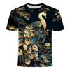 New 3D Printed Round Neck T-shirt for Summer 2024, Popular Item, Return Date, Golden Peacock Series, Men's Short Sleeved