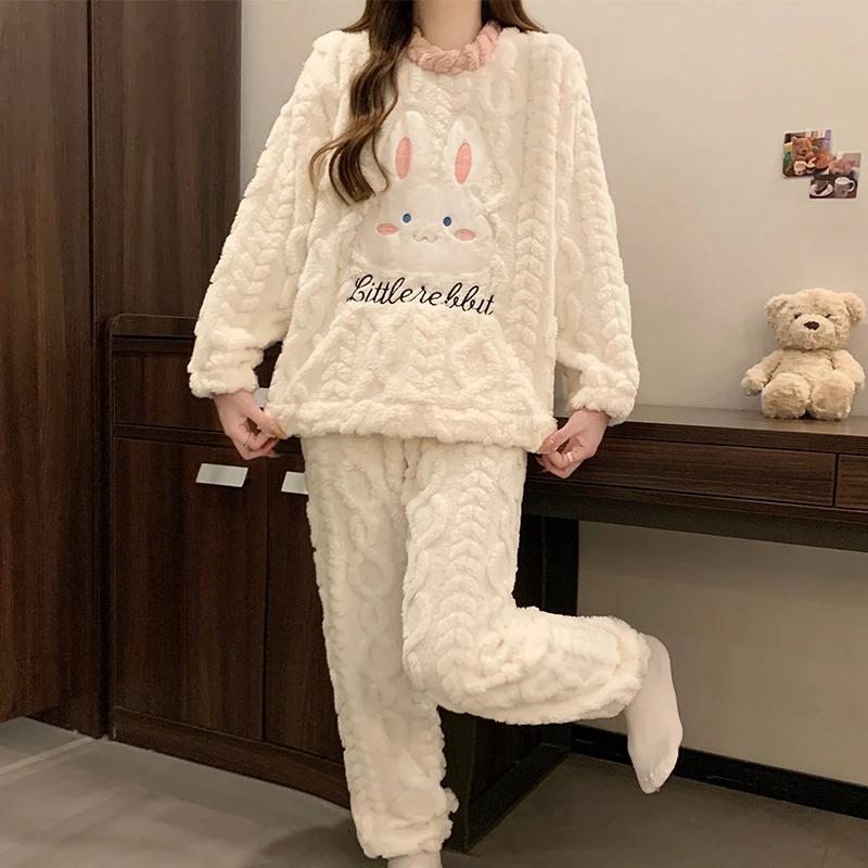 Осенне-зимние фланелевые теплые женские пижамные комплекты с круглым вырезом и длинными рукавами, женский комплект из двух предметов, милая пижама с принтом кролика, женская пижама