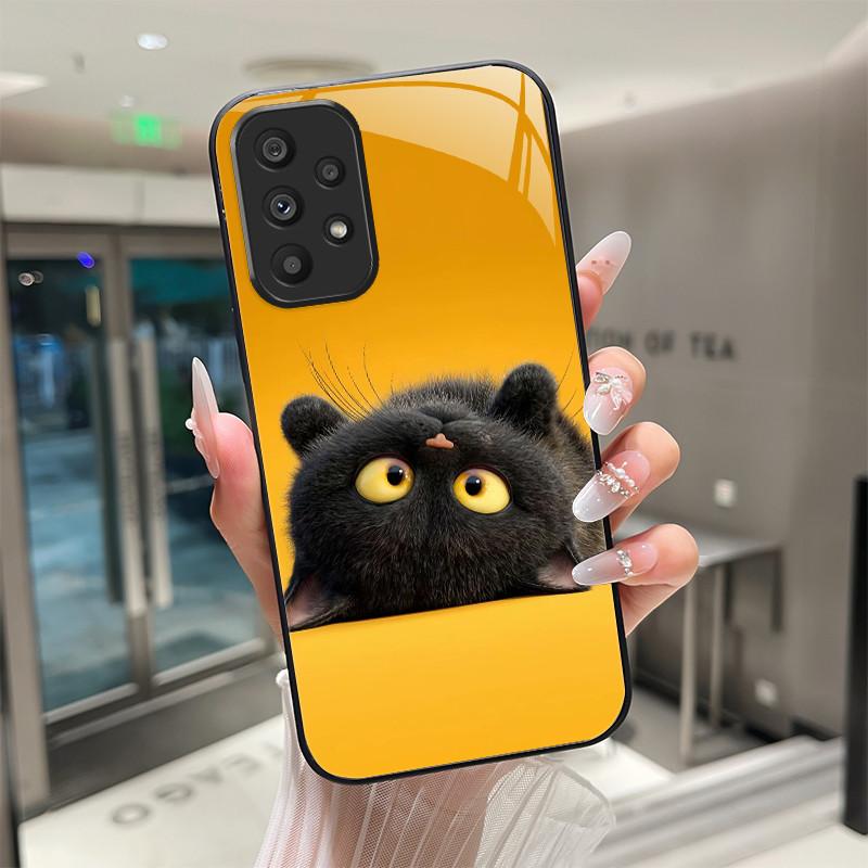 Cute Cartoon Cats Flower Case For Samsung Galaxy A52 A52S A72 4G 5G Tempered Glass Phone Case Protective Back Cover Hard Shell