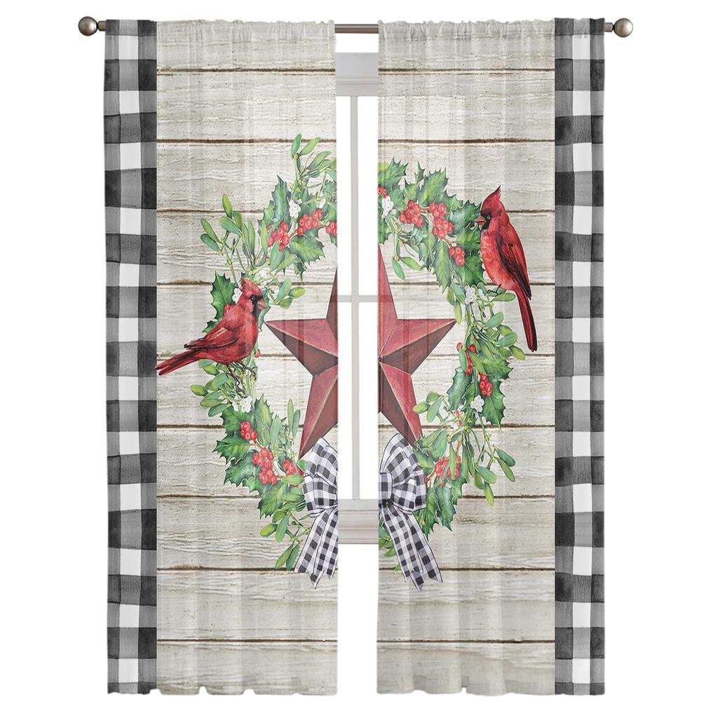 Christmas Berries Cardinals Wood Grain Sheer Curtains For Kids Bedroom Living Room Voile Curtains Xmas Kitchen Tulle Curtain