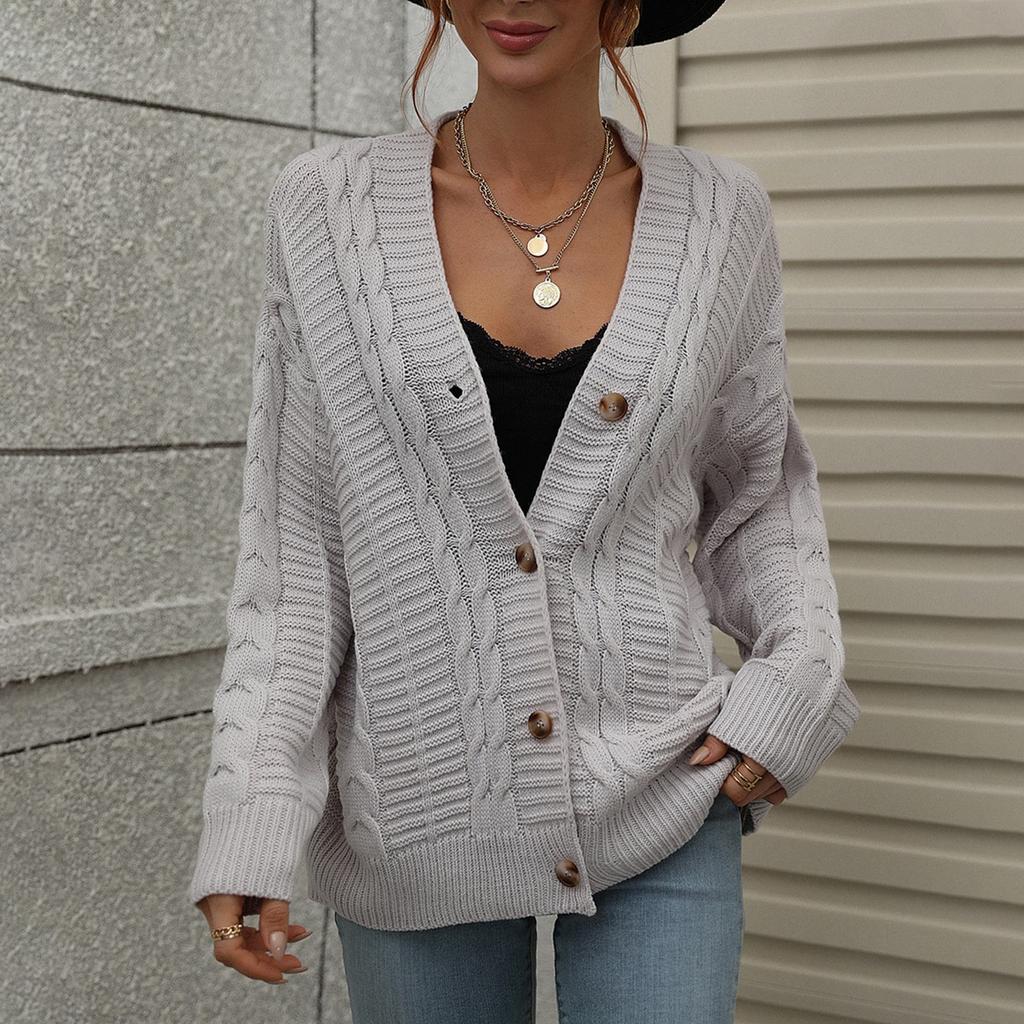 Women's Autumn And Winter Button Solid Color Knitted Cardigan Long Sleeve Sweater