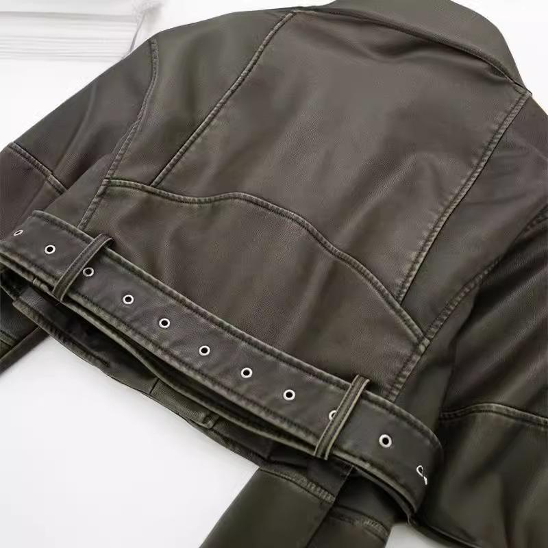 Pu Faux Leather Jacket Woman Chic Vintage American Spring Street Wear Short Lapel Zipper Belt Biker Coats Fashion Streetwear Plus Size
