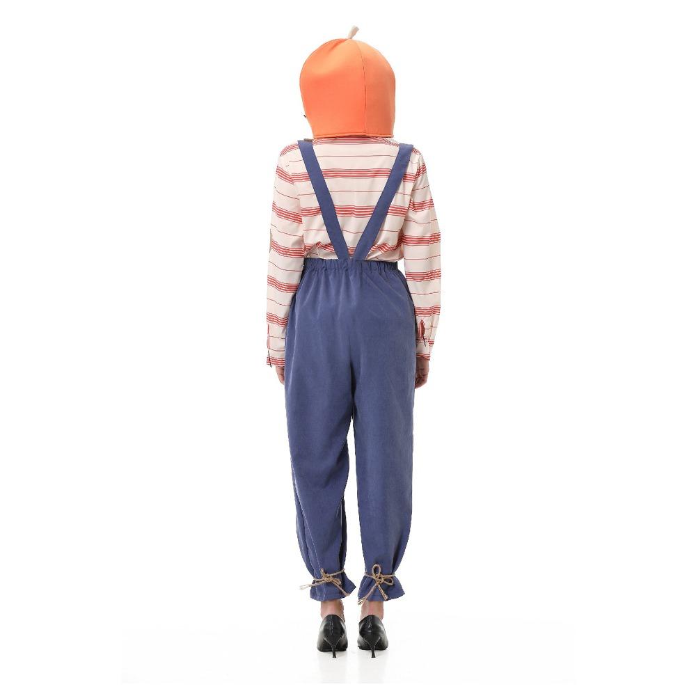 Adult Unisex Men Women Pumpkin Headgear Striped Shirt Patch Overalls Jumpsuit Sets Halloween Cosplay Costumes Party Outfit