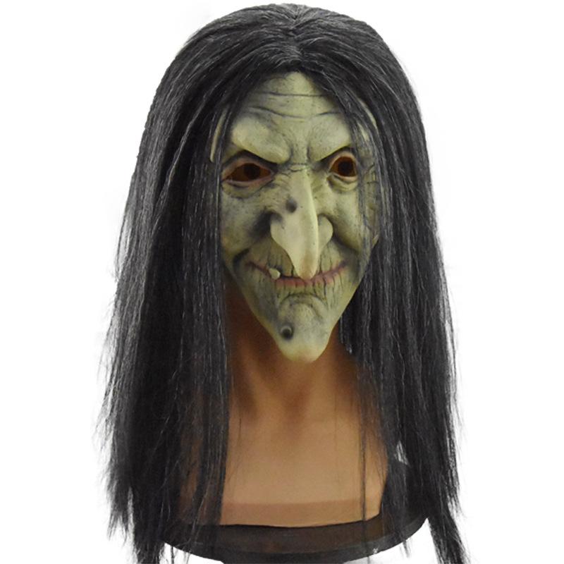Old Witch Ghost Mask for Halloween Party Costume, Black Hair Witch Latex Headgear, Latex Realistic Style