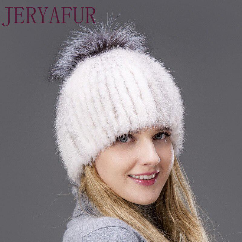 JERYAFUR Модная зимняя шапка, теплая женская вязаная шапка, норковая шапка с вертикальным тканым лисьим помпоном, лыжная шапка