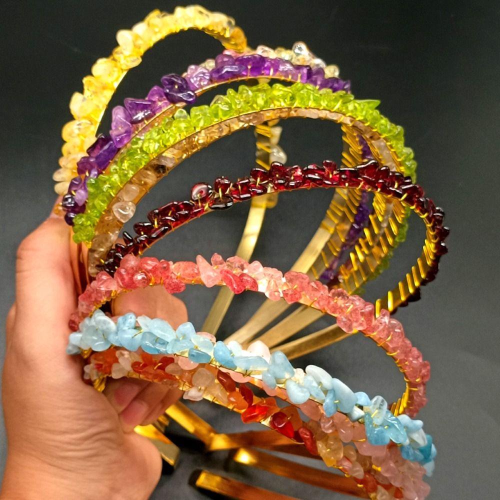 Fashion Hair Jewelry Natural Stone Ethnic Amethyst Hair Hoop Raw Quartz Crystal Headband Colorful Stone Stone Tiara