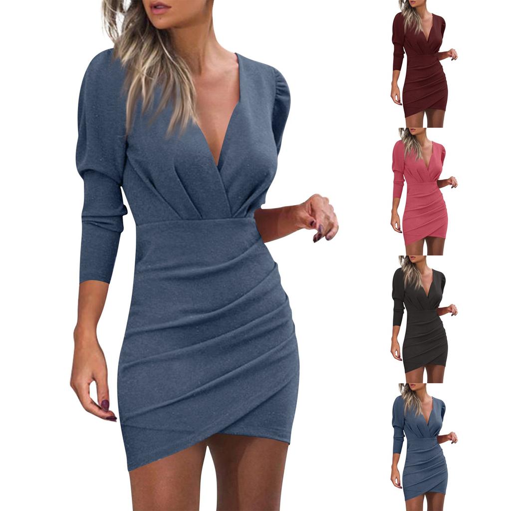 Women's Autumn And Winter Fashionable Casual Solid Color V-neck Waist Long Sleeve Dress