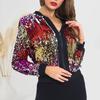 Women Jacket Shiny Sequin Zipper Closure V Neck Long Sleeve Gradient Color Cardigan Soft Club Performance Party Lady Short Coat