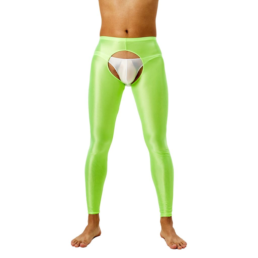 Mens Glossy Open Crotch Leggings Pants High Waist Slim Fit Tights Underwear Baselayer Pants for Nightclub Dance Wear