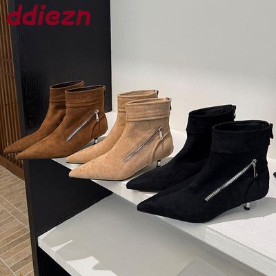 Модные молнии Модные флоковые женские ботильоны на низком каблуке Женская обувь Острый носок Сексуальные современные женские короткие ботинки Туфли-лодочки