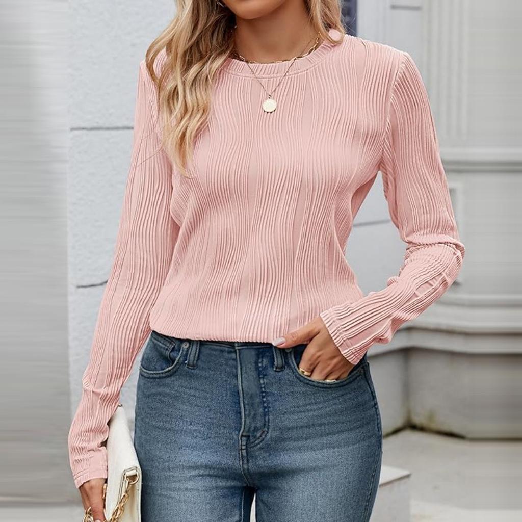 Женская повседневная однотонная футболка свободного кроя с круглым вырезом и длинными рукавами