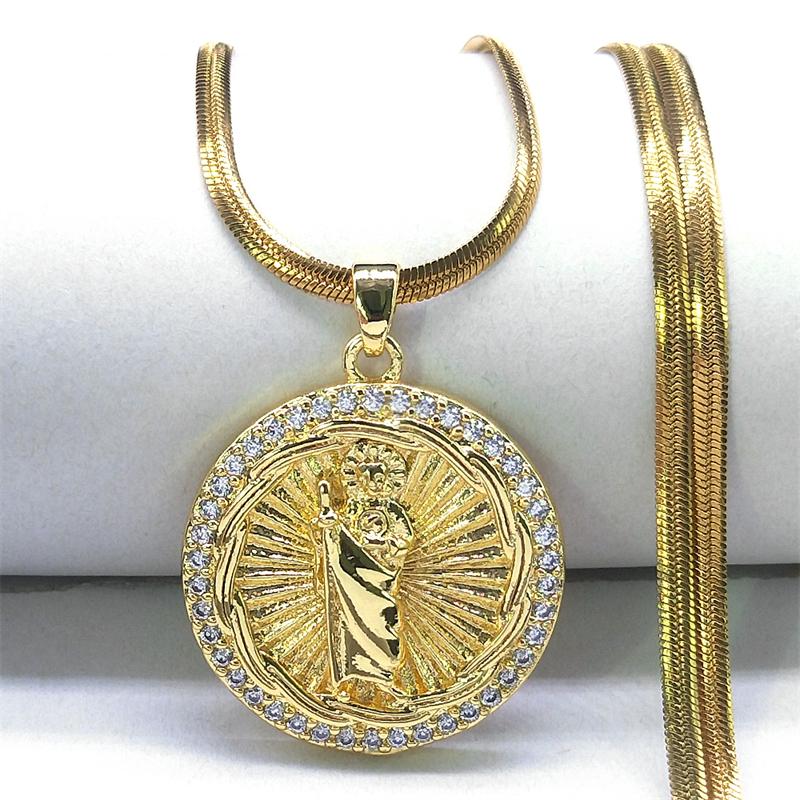 San Judas Tadeo Pendant Necklace for Women Men Saint Jude Thaddeus Stainless Steel Copper Shiny Zircon Religious Jewelry Gifts