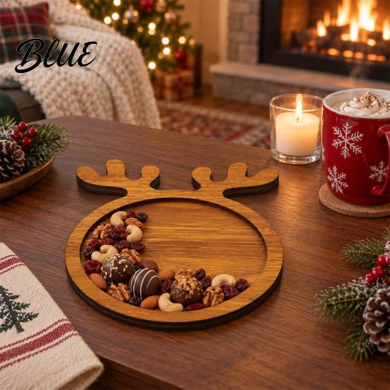Natural Wood Snack Organizer Christmas Tree And Elk Serving Tray, Durable Partitioned Decorative Nut Fruit Tray Food Platter, Dinnerware for
