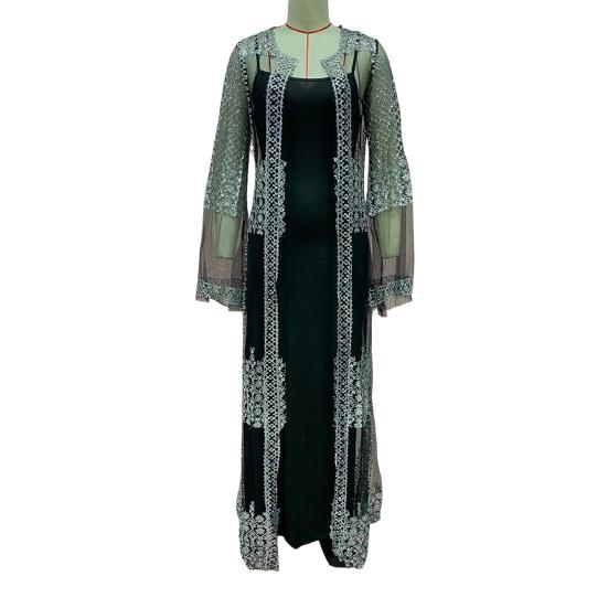 2 Pcs/Set Women Evening Dress Big Swing Shiny Bronzed Cardigan Slip Dress Set See-through Mesh Long Sleeve Coat Cocktail Events Special Occasions