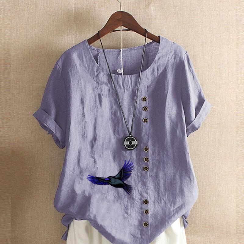 Женская модная футболка с круглым вырезом и коротким рукавом, повседневная хлопковая футболка с графическим принтом, летняя блузка топы для отдыха, свободного кроя, с принтом вороны