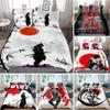 Japanese Samurai Bedding Set KingQueenFull Size Japan Sunset Scenery Building Silhouette Polyester Duvet Cover Men Black Red