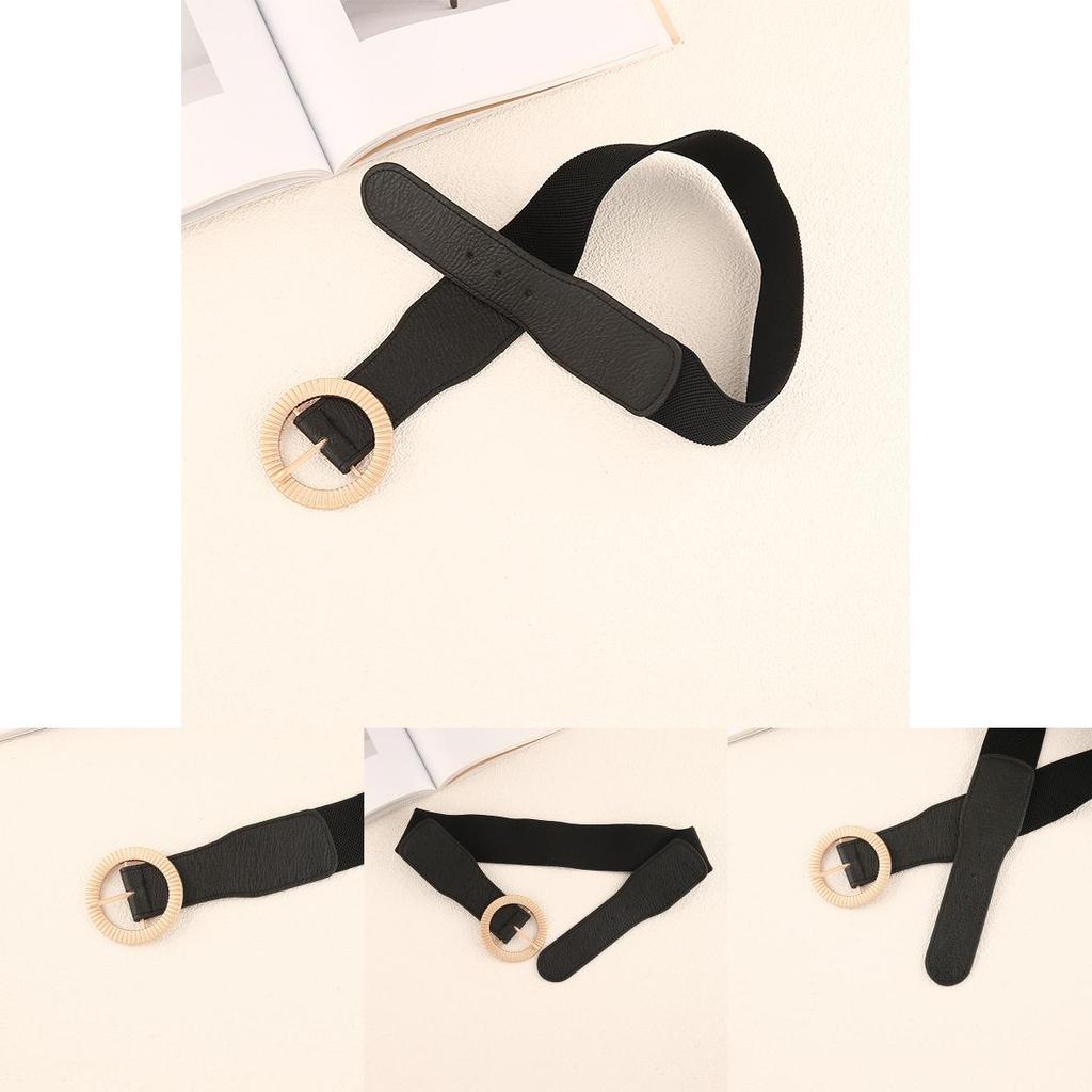 Trendy Women Waistband With Elastic Design And Alloy Round Buckle For Coats And Dresses