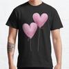 Men Fashion Casual Short Sleeves Two Pink Heart Balloons Black Tees Oversized T-shirts