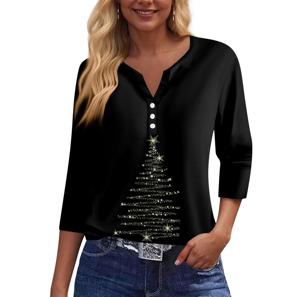 Жен. Футболка Футболка С принтом Пуговицы Рукав 3/4 Повседневные Выходные Мода Классический Классический V-образный вырез Обычный Верх