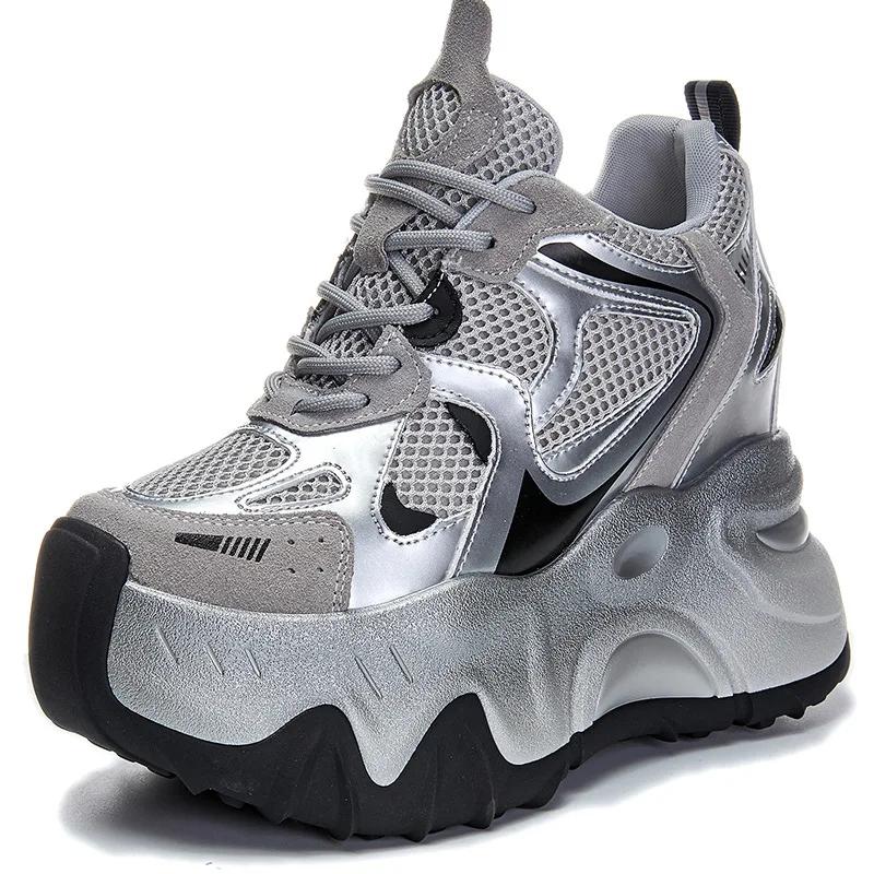 Fashion 12CM Air Mesh Microfiber Synthetic Chunky Sneakers Fashion Spring Shoes Leather Ankle Booties Women Vulcanize Boots Autumn