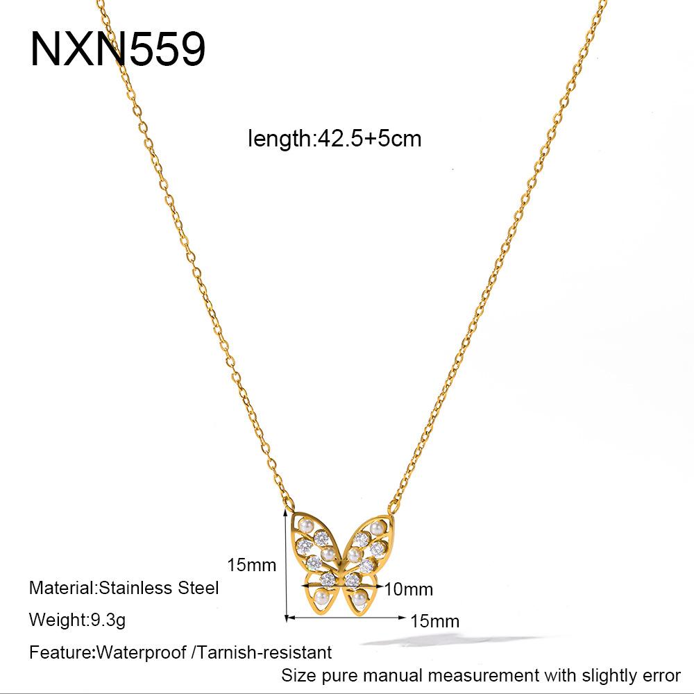 Explosive fashion temperament inlaid zircon imitation mother of pearl butterfly pendant necklace women's stainless steel waterproof neck chain