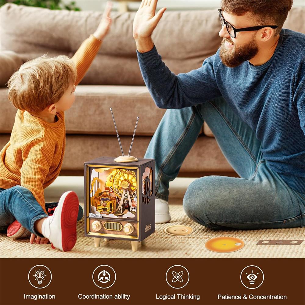 Robotime Wooden Music Box 3D Puzzles DIY Model Kits Book Nook DIY Night Light for Men Women Hobby Sunset Amusement Park