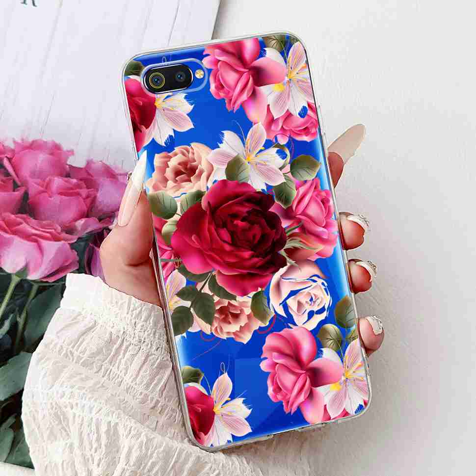 For Realme C2 RMX1941 6.1" Case Summer Fresh Mint Soft Silicone TPU Cover For Oppo Realme c2 C2 Luxurious Flowers Bumper Shell