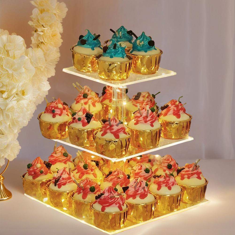 Unique Square Acrylic Multi Tier Cupcake Display Stand with LED Lights for Weddings and Birthday Parties (Without battery)