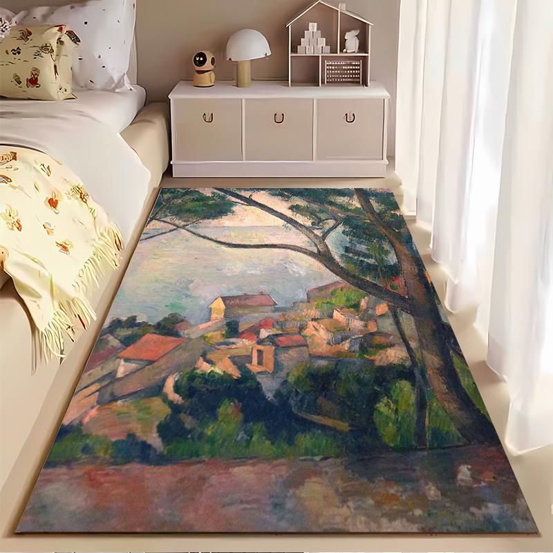 Coastal Village Landscape Painting Rug Non-slip rug suitable for living room and bedroom sofas.
