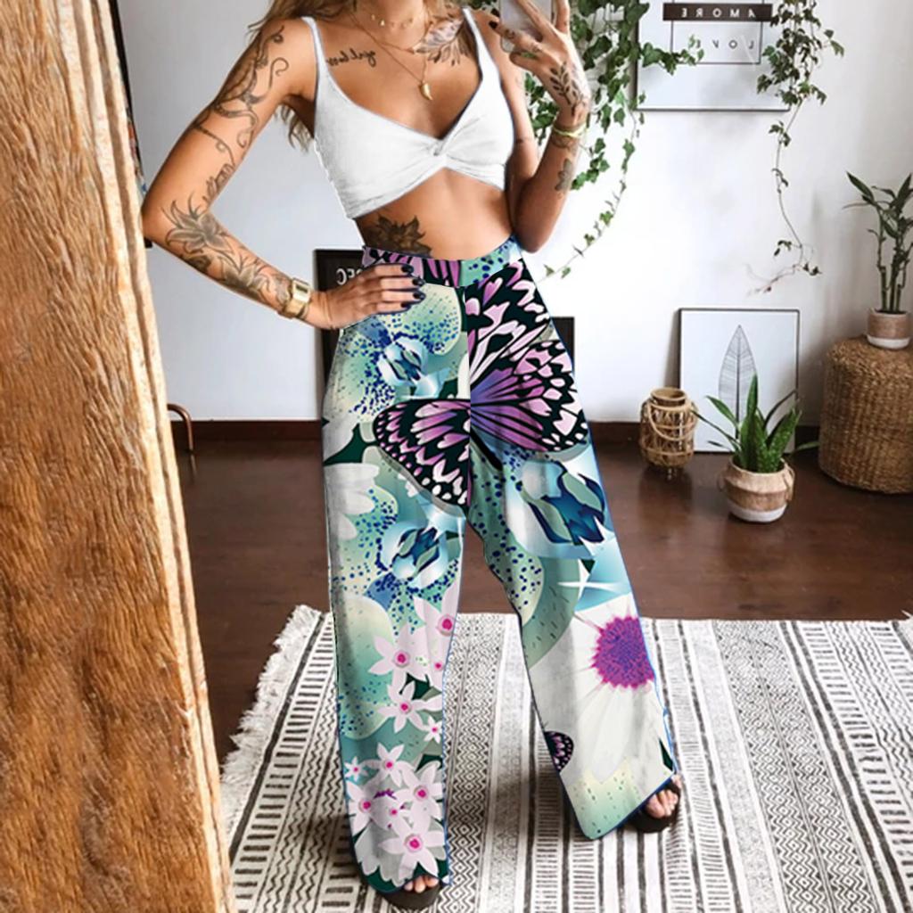 Women Casual Butterfly Printed Sleeveless Camis Tops+Long Pants 2 Piece Set