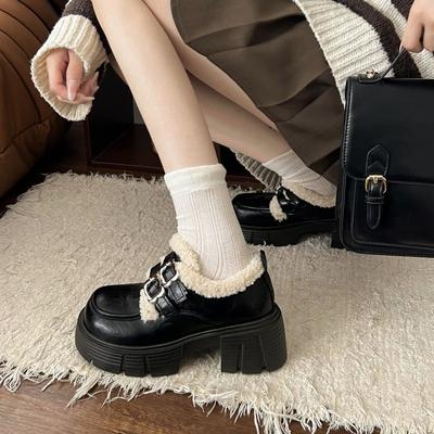 Черные бархатные туфли Мэри Джейн на толстом каблуке и толстой подошве в британском стиле, женские, новые осень-зима 2025, теплые хлопковые туфли с увеличением роста