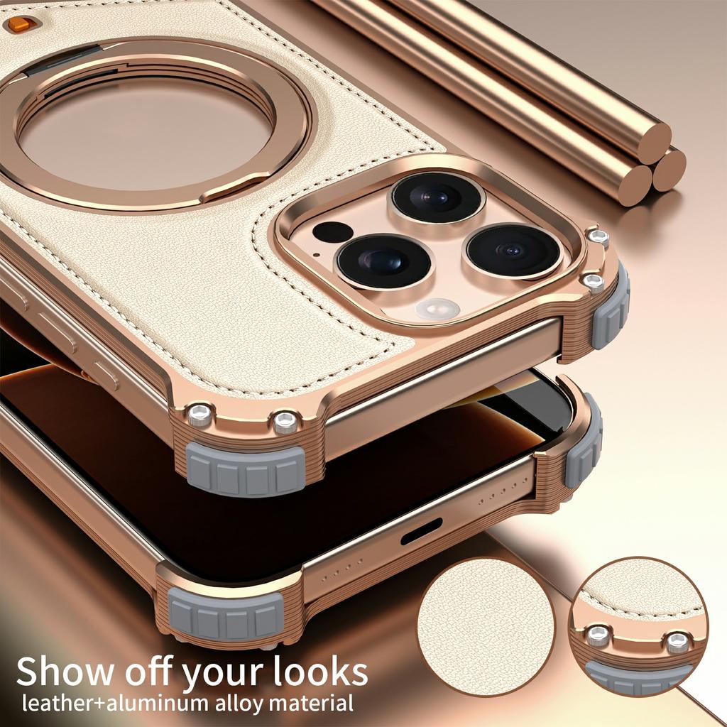 For iPhone 16 Pro Case PU Covered Metal Boardless Phone Back Cover with Kickstand