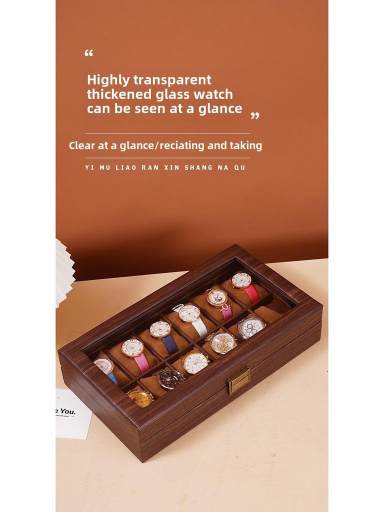 Exquisite Vintage Wood Grain Leather Watch Box with Dustproof Glass Lid for Wristwatch Display and Storage.