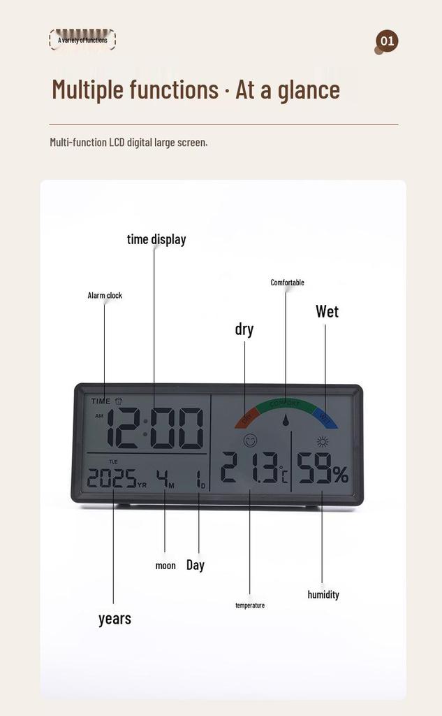 Multifunctional Large Screen LCD Clock: Living Room Digital Clock with Temperature & Humidity Display, Model 9554
