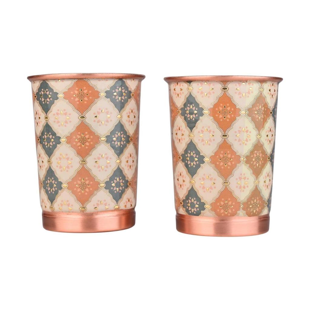 Copper Printed Design 250ML Water Glass with Rust Proof Protection for Home and Office Use Ayurveda and Yoga Health Benefits Glass Set of 6