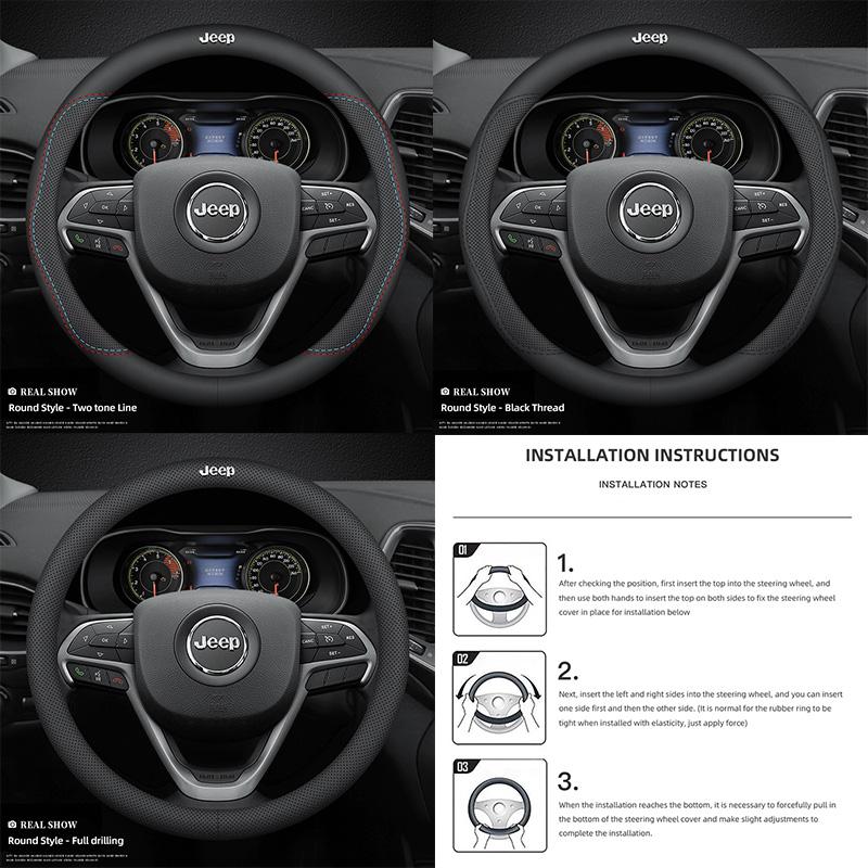 38cm Nappa Leather Anti Slip Car Steering Wheel Cover For Jeep Grand Cherokee Wrangler JK Gladiator Compass Renegade Wagoneer AJU1
