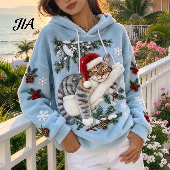 Christmas Party Outfit Women Cat Print Hoodie, Oversized Long Sleeve Pullover Sweatshirt, Daily Wear Sweatshirt Casual Loose Drawstring Hooded Top for