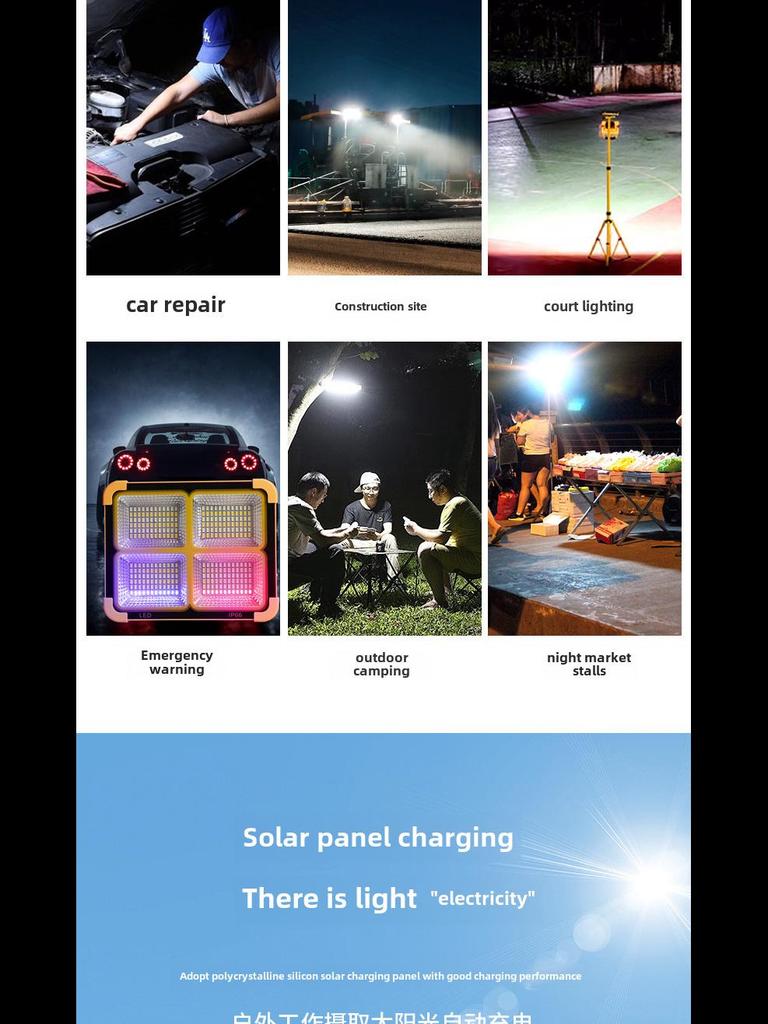 Портативный перезаряжаемый солнечный прожектор для кемпинга на открытом воздухе и использования в чрезвычайных ситуациях