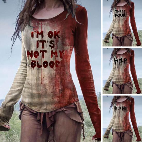 Женская футболка с принтом крови и эффектом 3D на Хэллоуин, с круглым вырезом и длинным рукавом, облегающая, эластичная