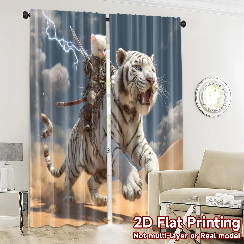 2pcs, 2D FLAT PRINTING Curtains (Without Rod) Tiger Rider Storm Print Popular Curtains Polyester Easy Install Curtains Holiday