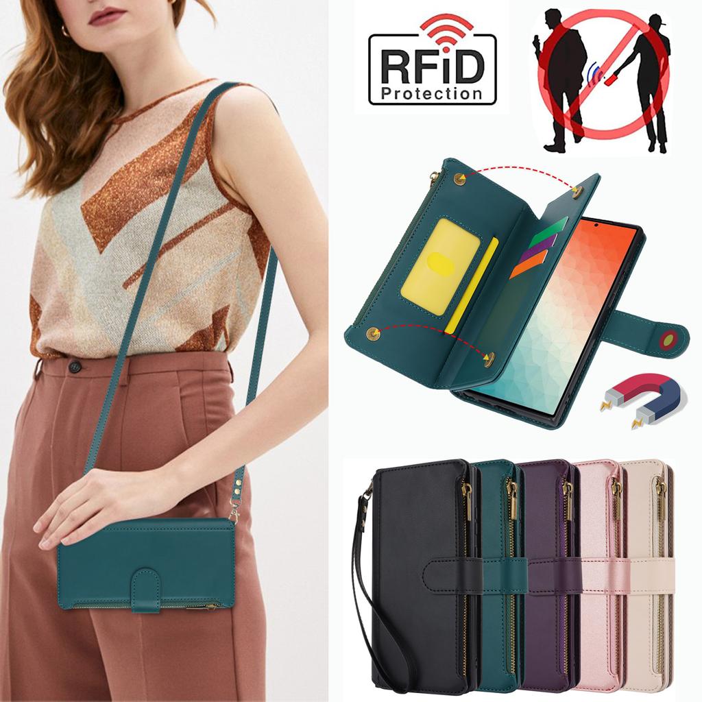 Держатель для карт с блокировкой RFID, мягкий чехол из искусственной кожи, магнитный ремешок с застежкой-молнией, защитный чехол для iPhone 16, 15, 14, 13, 12 Pro Max, Samsung Galaxy