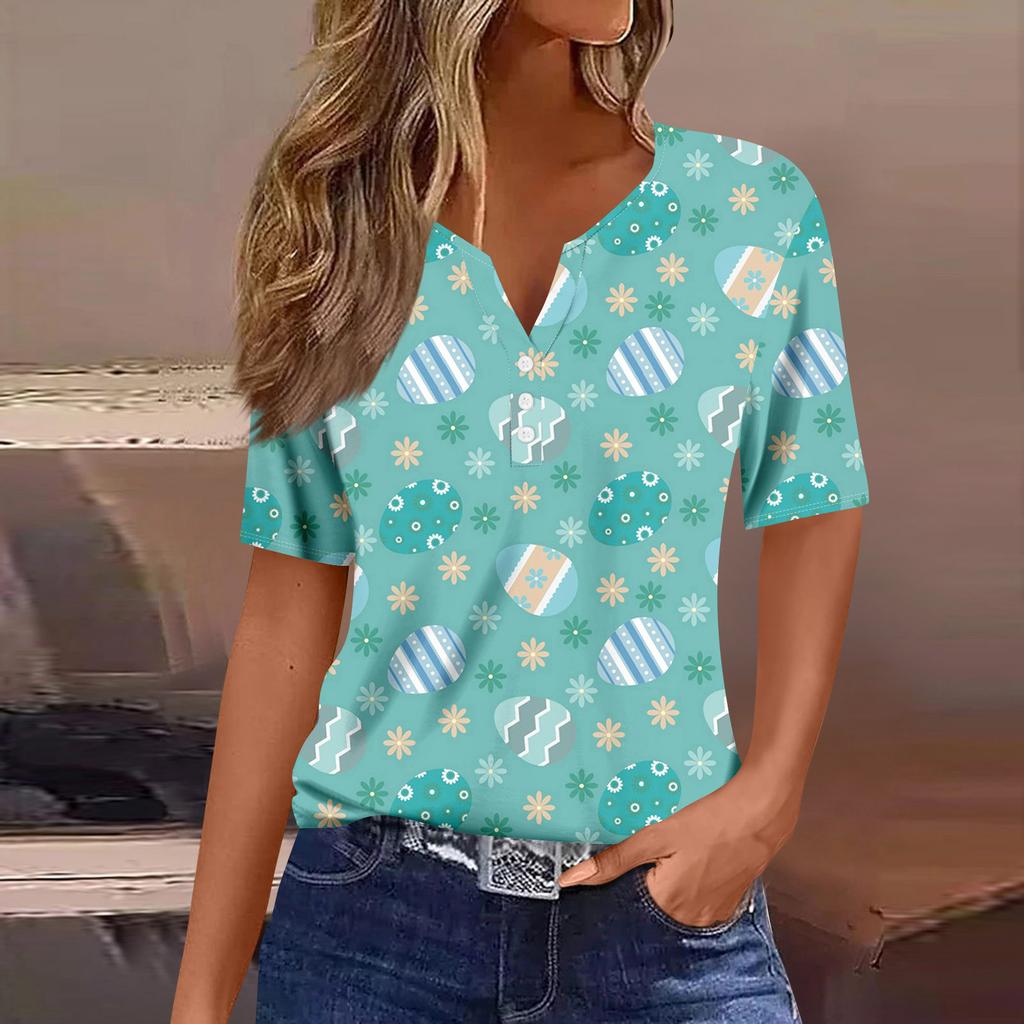 Women's Casual Print V-Neck Short Sleeve Decorative Button T-Shirt Top
