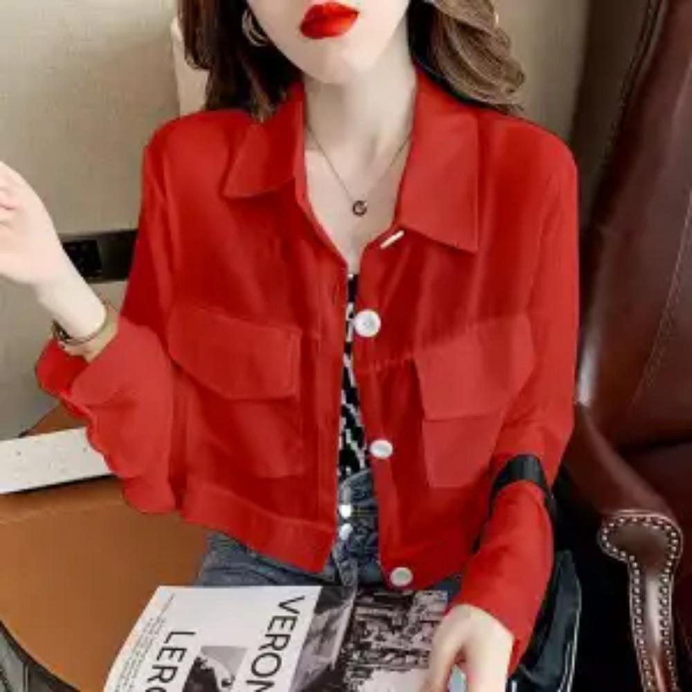 Уличная мода Карманы Блузка Лето Новая Однотонная Все-сочетаемая Отложной воротник Повседневная Корейская Однобортная Прямая Рубашка