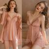 Sexy See-through Lace Nightgown Suspender Nightgown Two-piece Set Women's Thin Satin Bathrobe Pajamas Summer Home Wear