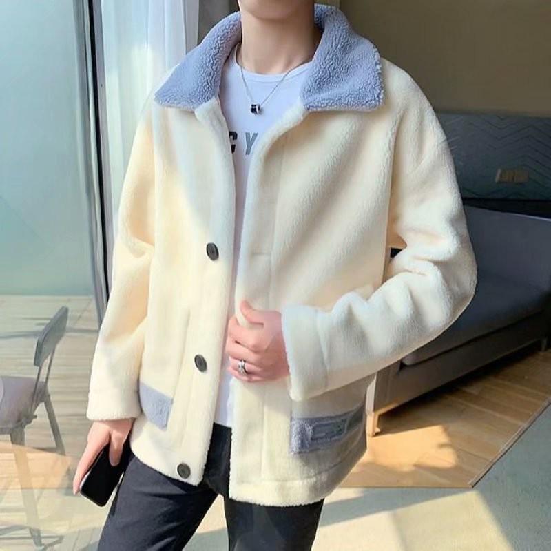 Мужская модная зимняя шерстяная куртка с лацканами, толстый теплый полар-флис и хлопковое пальто для подростков.