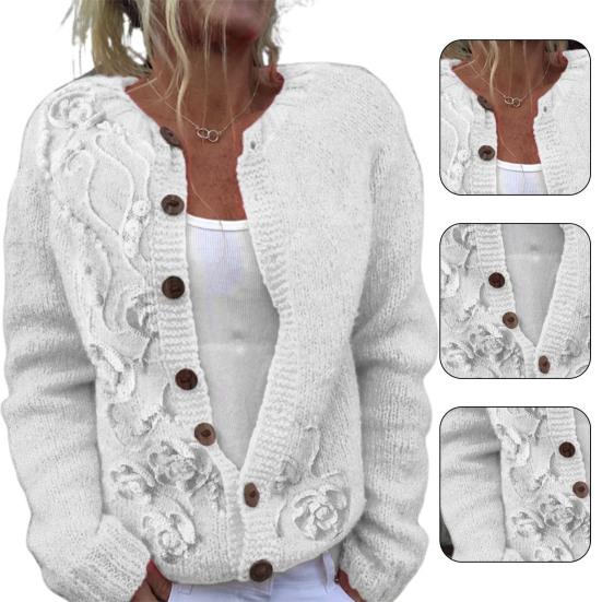 Women Sweater Cardigan Round Neck Long Sleeve 3D Flower Pattern Button Up Knit